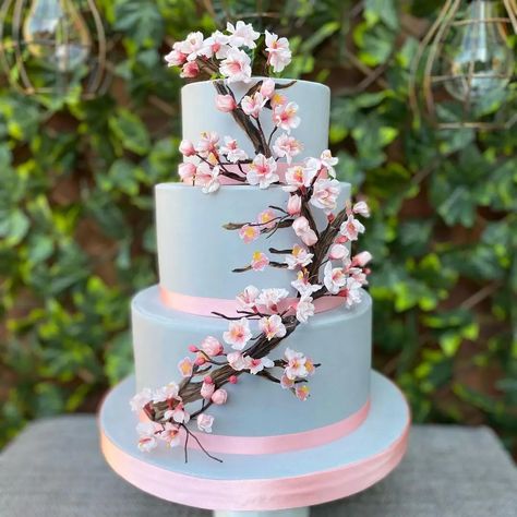 Wedding Cakes With Cherry Blossoms, Quince Cakes With Flowers, Cherry Blossom Cake Ideas, Blue Tiered Cake, Japanese Cherry Blossom Cake, Anime Wedding Cake, Sakura Cake, Cherry Blossom Wedding Cake, Cakes With Flowers