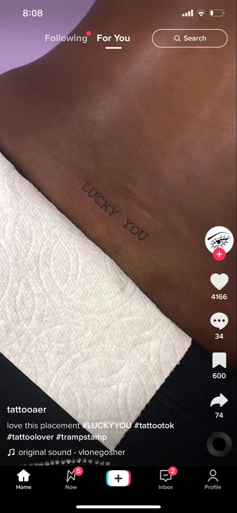 The Word Lucky Tattoo, Lucky You Back Tattoo, Lucky Tattoo Word, Watch Me Tattoo, Lucky You Tattoo, Heart Locket Tattoo, Small Thigh Tattoos, Tramp Stamps, Lucky Tattoo