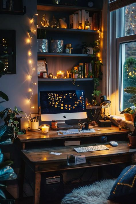 Creating a Cozy Home Office: 19 Ideas and Tips Office In My Bedroom, Office In Alcove, Cozy Bedroom Desk Ideas, Dorm Study Space, Comfy Office Ideas, Cozy School Office, Cozy Writing Nook, Cosy Art Studio, Relaxing Home Office Space Ideas