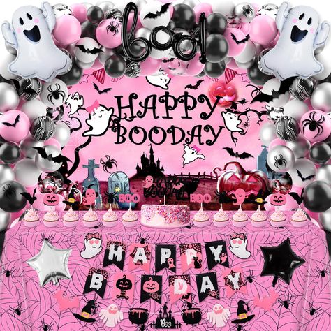 PRICES MAY VARY. PINK HALLOWEEN BIRTHDAY PARTY DECORATION PACK - Including birthday backdrop x1, tablecloth x1, felt banner x2, cake topper x1, cupcake topper x12, ghost foil balloon x2, latex balloon x65, star foil balloon x2, letter foil balloon x1, 3d spider and bat wall sticker pack x2, and a set of balloon arch assembly accessory. HALLOWEEN BOO DAY DESIGNS - The wall decoration background featuring vivid happy birthday letters adorned with Halloween ghost, pumpkin, trees, castle, gravestone Booday Party, Halloween Theme Birthday Party, Happy Boo Day, Birthday Party Decorations Pink, Halloween Birthday Decorations, Happy Birthday Halloween, Halloween Theme Birthday, Halloween Birthday Party Decorations, Party Decorations Pink