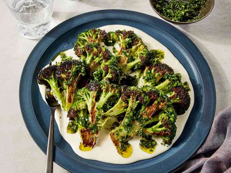 Charred Broccoli With Taleggio Cheese Sauce and Gremolata Recipe Taleggio Cheese, Gremolata Recipe, Charred Broccoli, Steak And Broccoli, Serious Eats Recipes, Broccoli Crowns, Food Scraps, Gooey Cheese, Serious Eats