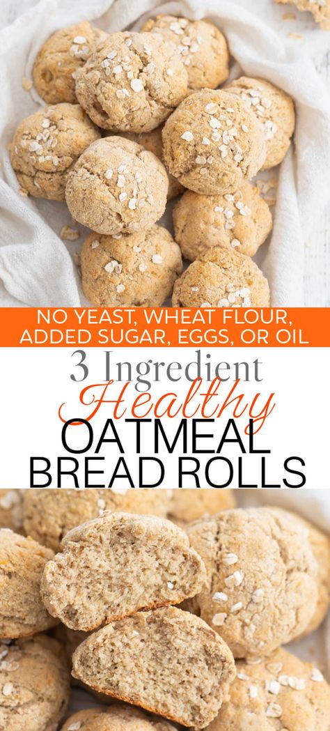 3 Ingredient Healthy Oatmeal Bread Rolls. These easy bread rolls take about ten minutes to prepare. They taste like healthy banana oatmeal bread and don't contain any wheat flour, yeast, eggs, added sugar or oil. 3 Ingredient Flax Bread, 2 Ingredient Oat Bread, Oat Flour Recipes Bread, Oatmeal Biscuits Healthy, Oatmeal Bread Easy, Vegan Oatmeal Bread, Healthy Oatmeal Bread, Oatmeal Bread No Flour, Flourless Oatmeal Bread