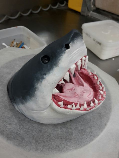 Marzipan shark head Shark Head Cake, John Cake, Shark Themed Cakes, Shark Cakes, Surf Cake, Shark Week Party, Shark Birthday Cakes, Shark Head, Shark Themed Birthday Party