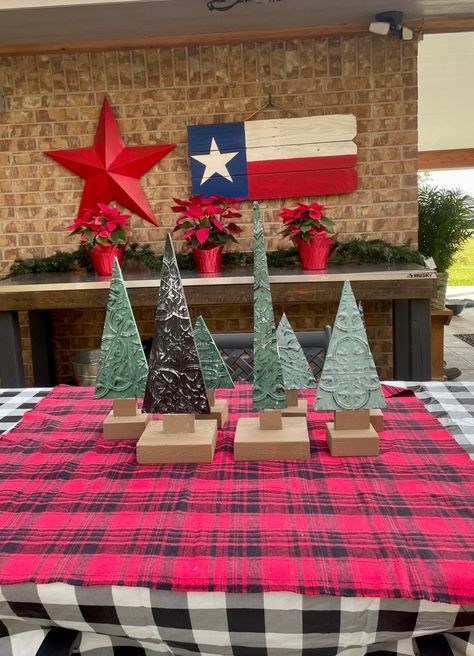 Using Dollar Tree Peel and Stick Tiles to Make Christmas Trees - The Weekend Country Girl Make Christmas Trees, Faux Tin Tiles, Tree Faux, Peel And Stick Tiles, Deck Table, Bath Makeover, Cedar Lumber, Stick Tiles, Faux Tin