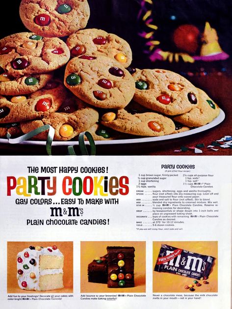 Original M&m Cookie Recipe, Party Cookies Recipe, M&m's Chocolate, M M Cookies, Party Cookies, Cookie Cake Recipe, Cookie Party, Vintage Cookies, Food Ads