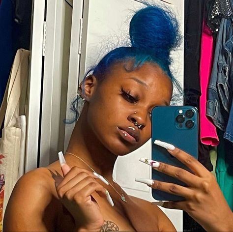 Hair Dye Ideas Black Women Blue, Blue Protective Styles, Natural Hair Dyed Blue, Blue Hair Dye Black Women, Blue Curly Hair Black Women, Blue Dyed Hair Black Women, Blue Hair Color Black Women, Blue Hair Black Women Natural, Hair Dye Ideas For Black Women