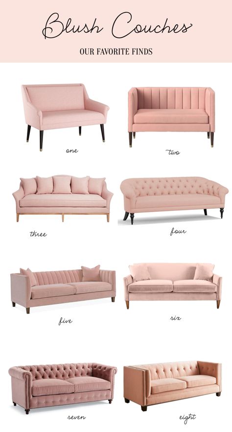 Blush Living Room Decor, Pink Couches, Pink Sofa Living Room, Tufted Settee, Blush Living Room, Reka Bentuk Ruang Tamu, Camelback Sofa, Butik Design, Rumah Moden