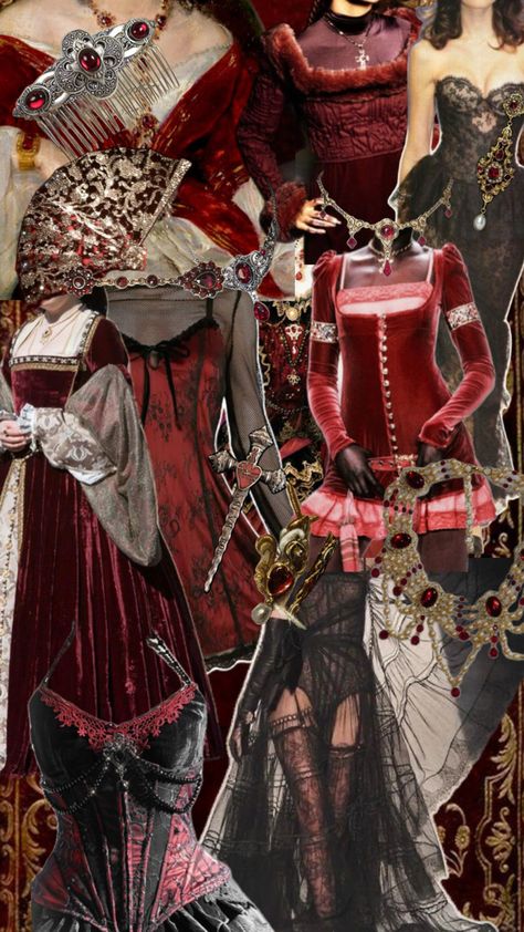 A striking collage blending red medieval aesthetics with the edgy flair of 90s fashion revival and dark romantic goth. Features deep crimson tones, velvet and lace textures, ornate jewelry, corsetry, bold 90s silhouettes, and gothic motifs like crosses, candles, and roses. A dramatic mix of historical elegance and moody modern rebellion. 1100s Fashion, Goth Collage, 90s Alternative Fashion, Romantic Goth Aesthetic, Goth Fashion Aesthetic, Modern Grunge, Vampire Fashion, Elegant Goth, Gothic Elements