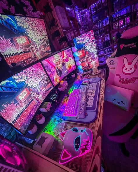 Neon Desk Setup, Neon Gaming Setup, Colorful Pc Setup, Fnaf Gaming Setup, Rainbow Gaming Setup, Neon Room Aesthetic Ideas, Gaming Set Up, Colorful Room Aesthetic, Gaming Desk Setup Ideas