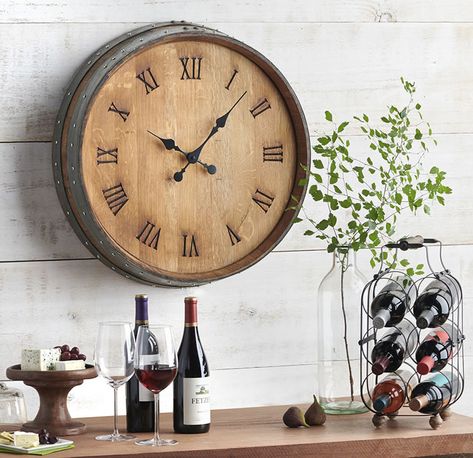 Wine Barrel Clock, Wall Clock Decor Living Room, Rustic Wall Clock, Wine Barrel Furniture, Rustic Wall Clocks, Rustic Clock, Outdoor Clock, Barrel Furniture, Hammacher Schlemmer