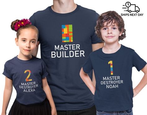 🏆 BESTSELLER 🏆 TeeLikeYours©️ Master Builder & Master Destroyer Matching T-shirts are great gift for people who love Building Lego Bricks and like to spend time with their family. They can be personalized with custom name and age/ number so they can be just perfect for any Birthday Party. These Father Son Matching Shirts, Birthday Party Images, Lego Bricks, Matching Tees, Father Son, Brick Building, Personalized Clothes, Lego Brick, Baby One Piece