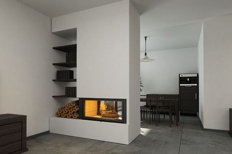 Fireplace Room Divider Open Spaces, Max Strus, 3 Sided Fireplace, Two Sided Fireplace, Living Room Divider, Fireplace Tv Wall, Black Fireplace, Open Bookshelves, Double Sided Fireplace