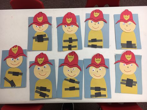 Fire safety week craft, fire fighter craft, preschool fireman art, Supplies: construction paper (light blue, yellow, cream, gray, black, red), glue stick, google eyes. Fire Man Craft Preschool, Fire Fighter Activities Preschool Firefighter Crafts, Fireman Theme Preschool, Firemen Crafts Preschool, Fireman Art Preschool, Hot Or Not Fire Safety Preschool, Preschool Fireman Craft, Fire Craft Preschool, Fire Fighter Art Preschool