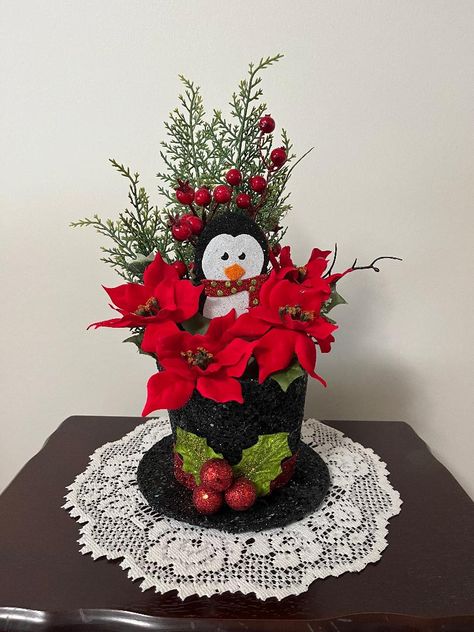 Christmas centerpiece, table centerpiece, snowman hat, red poinsettias, Christmas decor, home decor, penquin decoration, floral arrangement Christmas Centrepiece Table, Snowman Hat, Centerpiece Table, Christmas Centerpiece, All Holidays, Christmas Centerpieces, Handmade Ornaments, Floral Arrangement, Poinsettia