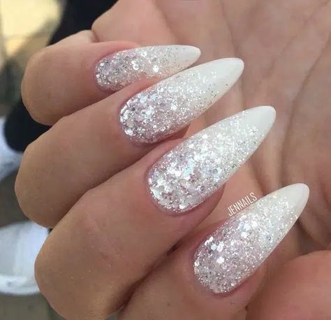 White Christmas Nails: 40 Ideas For Season's Perfect Manicure White Silver Glitter Nails, Christmas Nails White And Silver, White Christmas Nails Almond, White And Silver Christmas Nails, Winter Nails Silver, Milky White Christmas Nails, Diamond Gel Nails, Classy Christmas Nails Almond, Nails Winter 2022