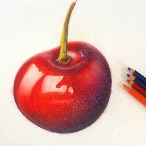 Cherry Drawing Pencil, Prismacolor Drawing Ideas, Color Pencil Fruit, Colour Pencil Fruit, Cherry Colour Pencil Drawing, Prismacolor Drawings, Drawing Prismacolor, Realistic Cherry Painting, Colored Pencils Art