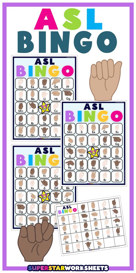 FREE ASL Bingo for students! This printable bingo game is perfect for students how need to practice their ASL alphabet. Our ASL bingo printables make it easy for teaching students a new language. #superstarworksheets #ASL #free #printables #signlanguage Asl Math Worksheets, Asl Alphabet Printable, Asl Games, Asl Activities, Sign Language Games, Asl Classroom, Simple Sign Language, Asl Alphabet, Printable Bingo Games