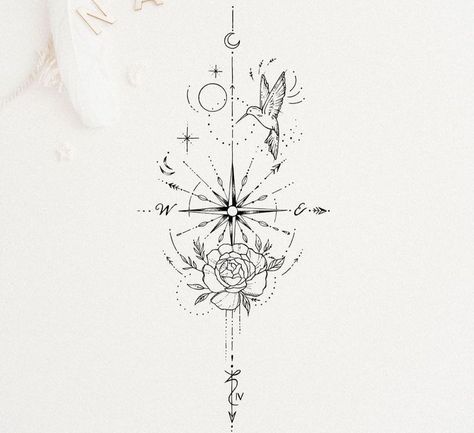 Fineline Compass Tattoo, Compass Feminine, Women Flower Sleeve Tattoo, Artistic Tattoos For Women, Compass Tattoo Design Woman, Compass Tattoo Ideas For Women, Geometric Flower Tattoo Design, Medium Tattoos For Women, Feminine Compass Tattoo