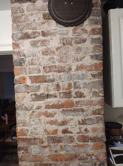 How can I revive an interior brick chimney? | Hometalk Exposed Fireplace Chimney, Old Chimney Makeover, Old Chimney Ideas, Brick Chimney Living Room, Red Brick Wall Interior, Exposed Brick Chimney, Brick Chimney Breast, Exposed Brick Fireplaces, Brick Wall Ideas