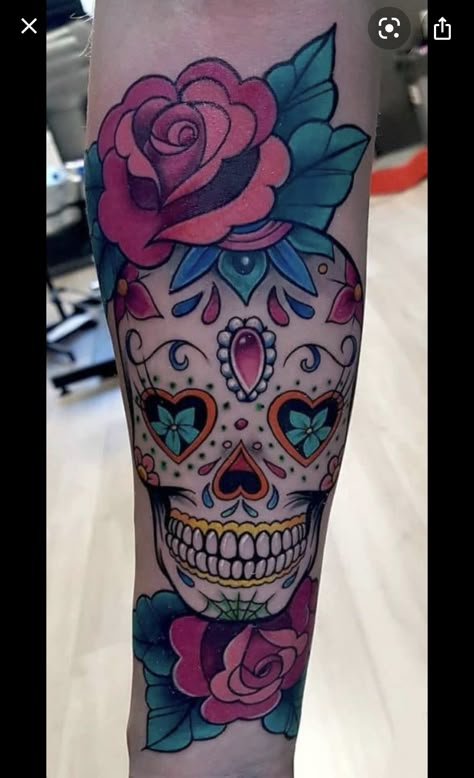 Sugar Skull Sleeve, Skull Couple Tattoo, Girly Skull Tattoos, Skull Thigh Tattoos, Sugar Skull Girl Tattoo, Mexican Couple, Blue Flower Tattoos, Candy Skull Tattoo, Black Light Tattoo