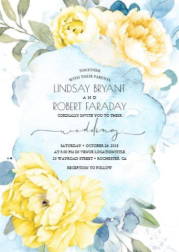 Yellow Floral Wedding Invitations, Floral Birthday Invitations, Blue Bridal Shower, Summer Garden Wedding, Watercolor Baby Shower, Dusty Blue Weddings, Theme Color, Blue Wedding Invitations, Yellow Wedding