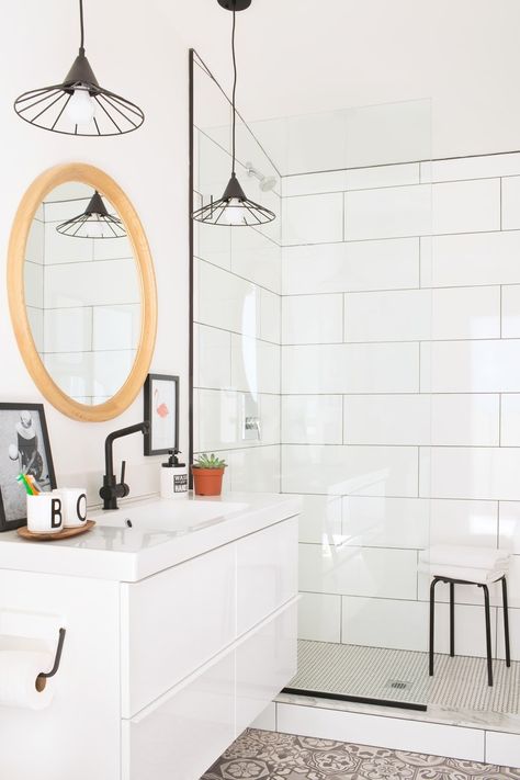 Large Subway Tile Bathroom, Large Shower Tile, White Tile Shower, Subway Tile Showers, Subway Tiles Bathroom, Bathroom Remodel Cost, White Bathroom Tiles, Upstairs Bathrooms, Bathroom Redo