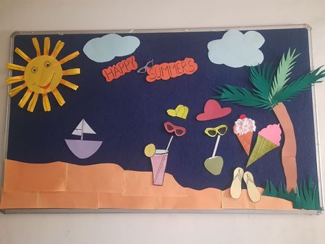 Summer theme board decoration Season Theme Board Ideas, Theme Board Ideas, Black Board Decoration, Theme Board, Craft From Waste Material, Summer Decorations, Waste Material, Bulletin Board Decor, Black Board