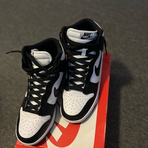 Nike Dunk High Top Panda Sneakers Nike High Panda Dunks, Nike Dunk High Sneakers, High Rise Nike Shoes, High Top Black And White Dunks Outfits, Nike High Tops Men, Dunks Shoes High Top, High Top Panda Dunks, Nike Panda Dunks High, Panda High Dunks