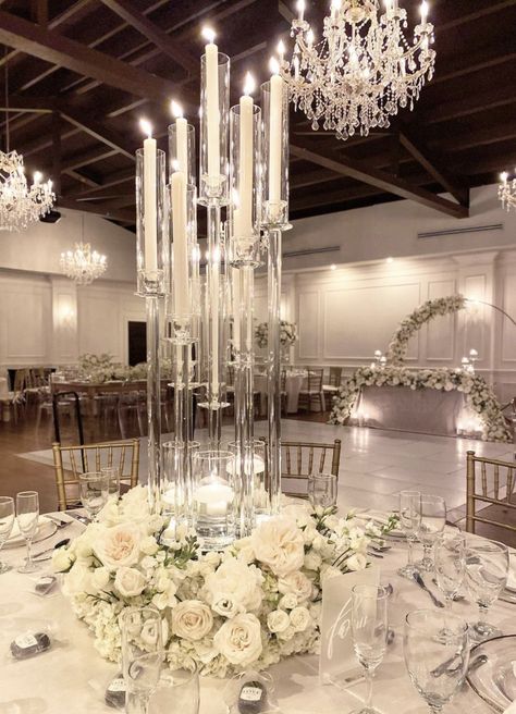 Types Of Centerpieces, Floral Wedding Ideas Decor, Wedding Centerpieces Candelabras, Extravagant Wedding Centerpieces, High Candle Centerpieces Wedding, Large Flower Centerpieces, Wedding White Floral Centerpieces, Candlebra Wedding, Tall Candelabra Wedding Centerpieces