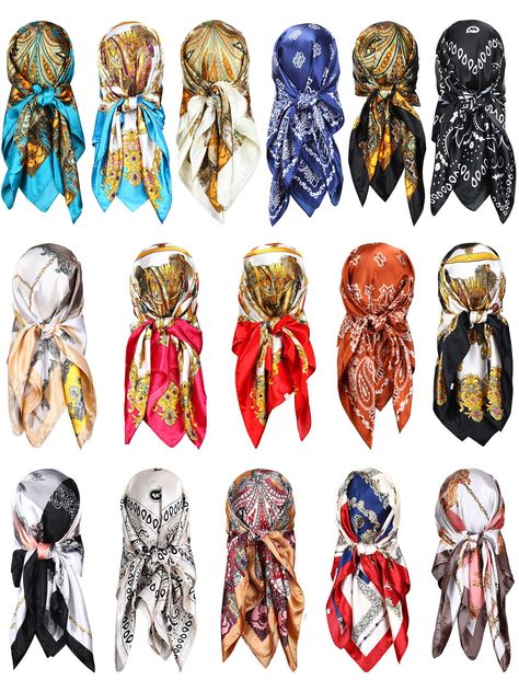 PRICES MAY VARY. 16 Pieces for Replacement: you will receive 16 pieces of womens head scarves in different pattern and color designs; The sufficient quantity and rich styles can cover your needs for daily wear, replacement and sharing with others Wide Applications: these silk feeling bandanas for women are not only for simple headwear, and you can apply them for many other application usages, such as chic neck ties, headbands, handbag accessories, hat ornaments, and even decorative cuffs Applica Bandana Styles Women, How To Tie Silk Scarf On Head, Patterned Scarf Outfit, Black Head Scarf, Headscarf Fashion, Bandana Ideas, Satin Head Scarf, Hat Ornaments, Looks Hippie