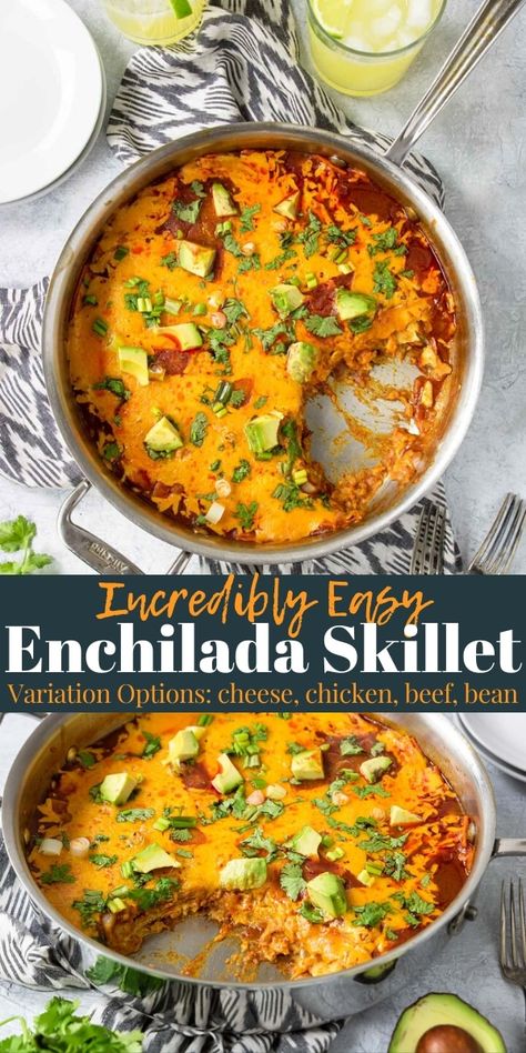 An incredibly easy enchilada recipe all made in one pan! This enchilada skillet has all the traditional flavors of enchiladas - plus you can customize the recipe with chicken, beans, beef, or just cheese! Skillet Enchilada Casserole, Enchilada Sheet Pan, Stove Top Enchiladas, Bean And Cheese Enchiladas, Chicken Enchilada Skillet, Easy Enchilada Recipe, Mexican Entrees, Refried Beans Recipe, Easy Enchiladas