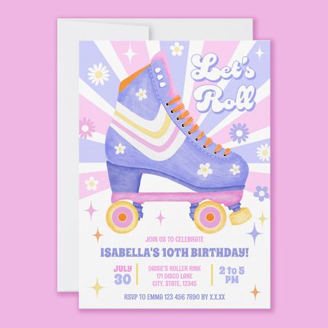 Color Palette Pastel Pink, Roller Disco Party, Roller Skate Design, Retro Roller Skating, Roller Skating Party Invitations, Color Palette Pastel, 1 Year Birthday Party Ideas, Skate Invitations, Disco Birthday