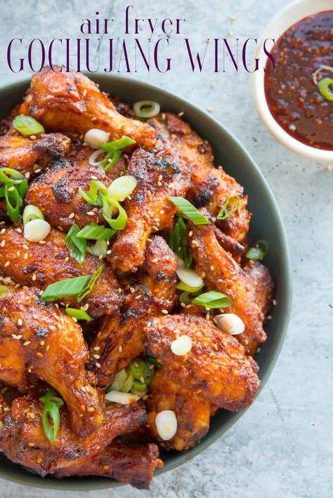 Gochujang Chicken Wings made in the Air Fryer are simple and tasty. Make your next batch with this Korean red pepper condiment and level up your wing game. #chickenwings #airfryerrecipes #chickenwingrecipe #wings #chickenrecipe #gamedayrecipe #gochujang #Koreanchickenwings #Koreanrecipes via @ediblesense Gojuchang Wings, Air Fryer Korean Chicken Wings, Chicken Wings In The Air Fryer, Gochujang Wings Recipe, Gochujang Wings, Gochujang Chicken Wings, Airfry Recipes, Home Korean, Korean Chicken Wings