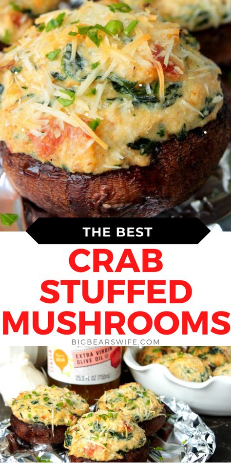 Crab And Cream Cheese Stuffed Mushrooms, Crab Stuffed Mushrooms Recipe, Stuffed Mushrooms With Cheese, Mushrooms With Cheese, Crab Ideas, Crab Alfredo, Spinach Filling, Light Lunches, Mushroom Appetizers