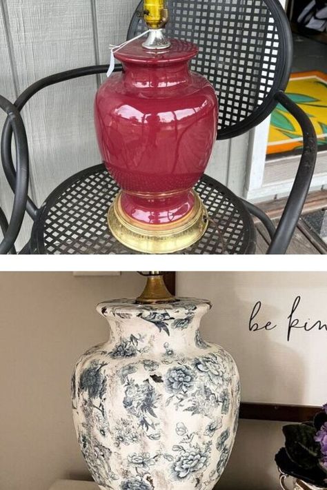 We love this easy lamp base upcycle idea using napkins to make an old lamp look expensive. Check out this look for less you can make with an old vintage lamp. #lampbase #makeover #upcycle #beforeafter Vintage Lamp Upcycle, Vintage Lamp Makeover, Thrift Store Lamp Makeover, Decoupage Lamp, Upcycling Ideas Diy, Recycle Projects, Textured Spray Paint, Lamp Makeover, Napkin Decoupage