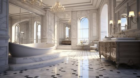 This is a picture of a luxury bathroom. French Glam Bathroom, Luxurious Master Bathrooms Mansions, Bathroom Elegant Luxury, Huge Bathroom Luxury, Beautiful Bathrooms Luxury, Old Money Bathroom, Modern Mansion Bathroom, Giant Bathroom, Victorian House Bathroom