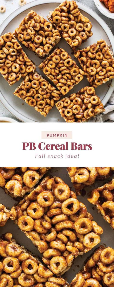 Pumpkin Peanut Butter Cereal Bars - Fit Foodie Finds Pumpkin Cereal Bars, Cheerio Peanut Butter Bars, Pumpkin Cheerios, Chex Cereal Bars, Peanut Butter Cereal Bars, Peanut Butter Cereal, Pumpkin Peanut Butter, Low Cal Dessert, Easy Bar Recipes