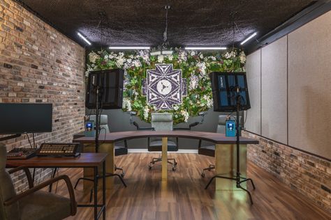 Aubrey Marcus Podcast Studio - Industrial - Home Office & Library - Austin - by Kieran Reeves Photography | Houzz Backstage Design, Podcast Studio Design, Aubrey Marcus, Home Office Industrial, Industrial Home Offices, Studio Aesthetic, Home Office Library, Podcast Studio, Office Library