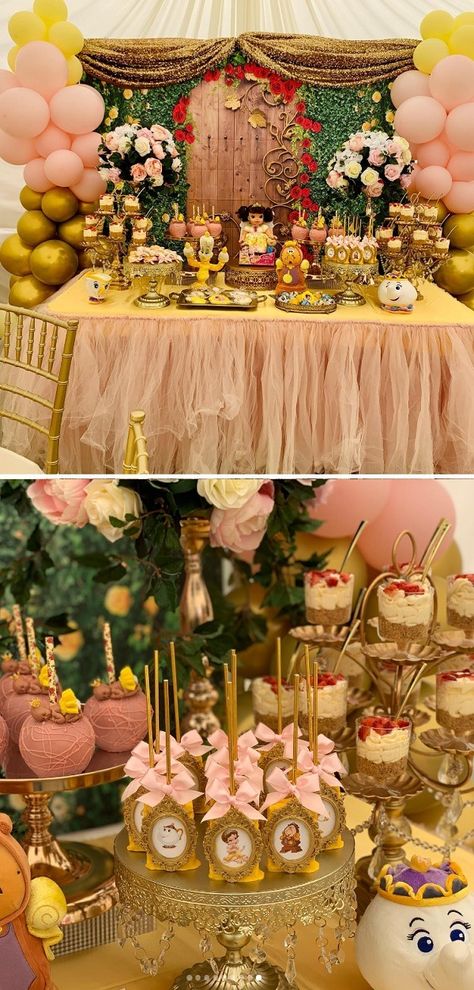 Beauty and the Beast Baby Shower Ideas – Baby Shower Ideas 4U Beauty And The Beast Gender Reveal, Beauty And The Beast Baby Shower, Beauty And The Beast Treats, Baby Shower Princess Theme, Elegant Decorations, Gold Tablecloth, Beauty And The Beast Party