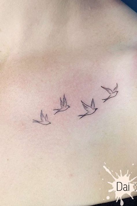 Bird Tattoo With Words, Infinity Tattoo With Birds Flying, Sparrow Wrist Tattoo, Very Simple Tattoo Ideas, 5 Bird Tattoo, Small Birds Tattoos For Women, Birds Flying Tattoo Arm, Simple Flying Bird Tattoo, Subtle Back Tattoo Women