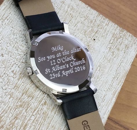 "See you at the alter" with wedding date, location and time Watch Engraving Ideas, Groom Watch, Crazy Wedding, Groom Gifts, Groom Accessories, Boda Mexicana, Wedding Gifts For Groom, Watch Engraving, Wedding Day Gifts