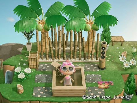 Acnh Outdoor Spa Ideas, Animal Crossing Outdoor Spa, Acnh Sitting Area Ideas, Acnh Yoga Area, Acnh Outdoor Bath, Acnh Spa, Yoga Area, City Core, Outdoor Sitting