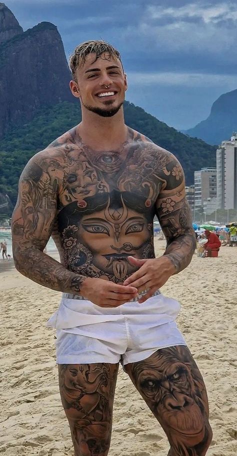 Fully Tattooed Man, Suit Tattoo Men, Body Suit Tattoo Men, Tattoed Guys, Suit Tattoo, Stomach Tattoo, Body Suit Tattoo, Chest Tattoo Men, Full Body Tattoo