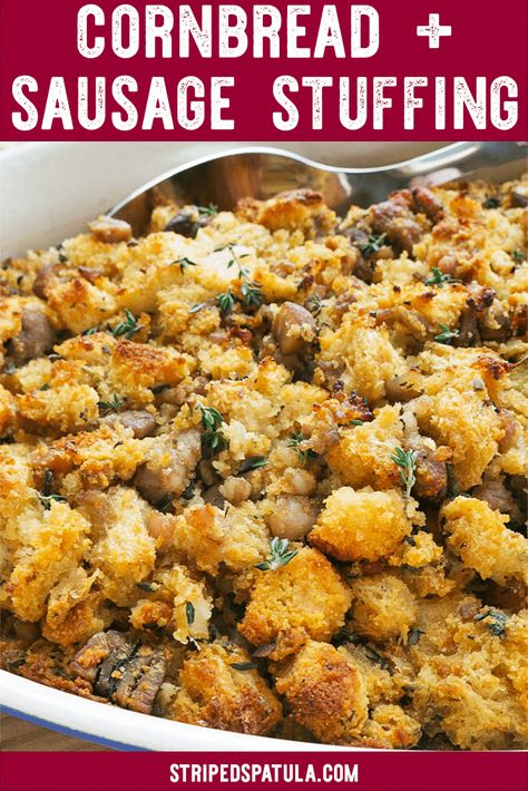 Cornbread Stuffing with Sausage and Chestnuts Cornbread Casseroles, Cornbread Stuffing With Sausage, Cornbread Homemade, Stuffing Cornbread, Cornbread Sausage Stuffing, Soup Meals, Stuffing With Sausage, Thanksgiving Menus, Sausage Cornbread Stuffing