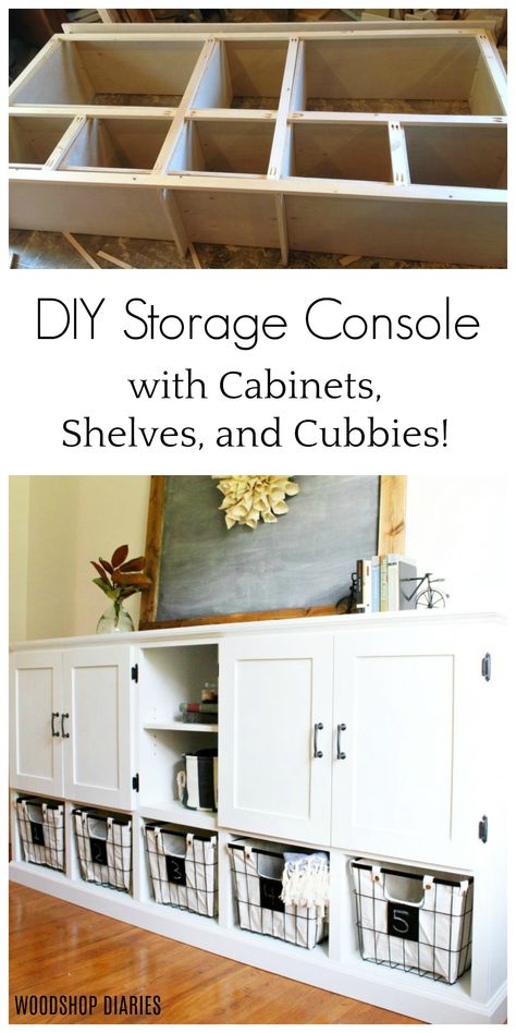 Cube Storage Plans, Build Playroom Storage, Diy Storage Living Room, Console Table With Cubbies, How To Build Storage Cabinets, Diy Playroom Cabinets, Diy Game Cabinet, Diy Entryway Storage Cabinet, Diy Living Room Storage Cabinet