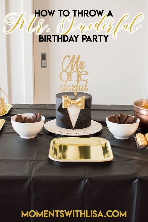 A Mr. Onederful birthday celebration is a play on words with the term, “Mr. Wonderful.” The theme often involves dapper-like food and décor, involving touches of black and gold, bowties, top hats, glitter… the works! Check out how we decorated our most recent Mr. Onederful birthday bash! Mr Onederful Birthday Cake, Planning 1st Birthday Party, Onederful Birthday Party, Mr Onederful Birthday Party Ideas, Mr Onederful Birthday, Onederful Birthday, Mr Onederful, Boys First Birthday Party Ideas, Baby Boy 1st Birthday Party