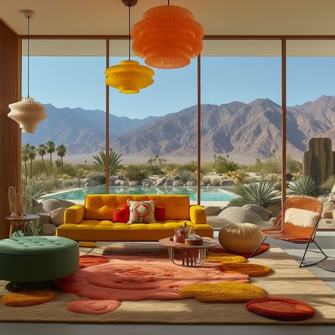 Looking back at some old Palm Springs living rooms we dreamed up this summer. Which one is your favorite? | Instagram Palm Springs Living Room, Glass Homes, Palm Springs Interior Design, Mid Century Modern Living Room Design, Palm Springs Interior, Palm Springs Homes, 70s Living Room, 90s Interior, Palm Springs Decor