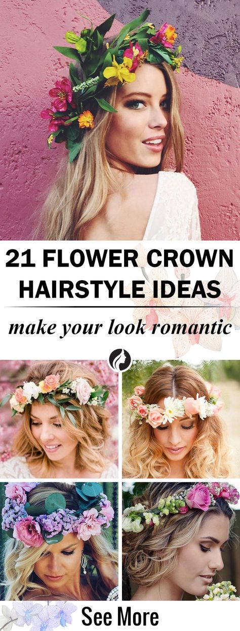 Do you know that all fashion experts think that a flower crown looks really romantic? To inspire you, we have found 21 hairstyles that involve this accessory. How To Wear A Flower Crown, Flowers In Hair Aesthetic, Hairstyles With Flower Crown, Hairstyles Flower, Floral Hair Crown, Coachella Hair, Flower Crown Hairstyle, Fairy Hair, Simple Prom Hair