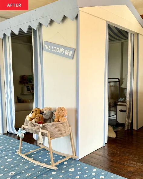 An Adorable Nursery Makeover Has a Mini "Room Within a Room" | Apartment Therapy Room Within A Room, Nursery Makeover, Mini Room, Fake Window, Hot Air Balloon Nursery, Baby Moses Basket, Adorable Nursery, Circus Tent, Circus Baby