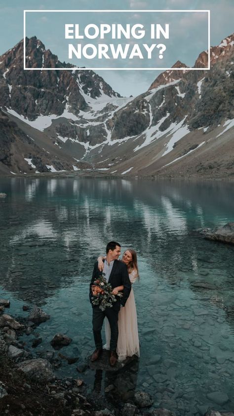 Bride and groom hugging each other in front of a beautiful blue lake and peaky mountains in Northern Norway Norway Elopement, Alps Wedding, Norway Wedding, Elopement Tips, Norwegian Wedding, Northern Norway, Romantic Adventures, Mountain Lakes, Midnight Sun